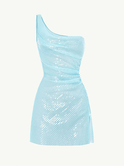 One Shoulder Sequin Short Dress Bead Fine Glitter Pleats Slim Fit Slanted Shoulder Mint Green Luxury Socialite Gown Mini Dresses